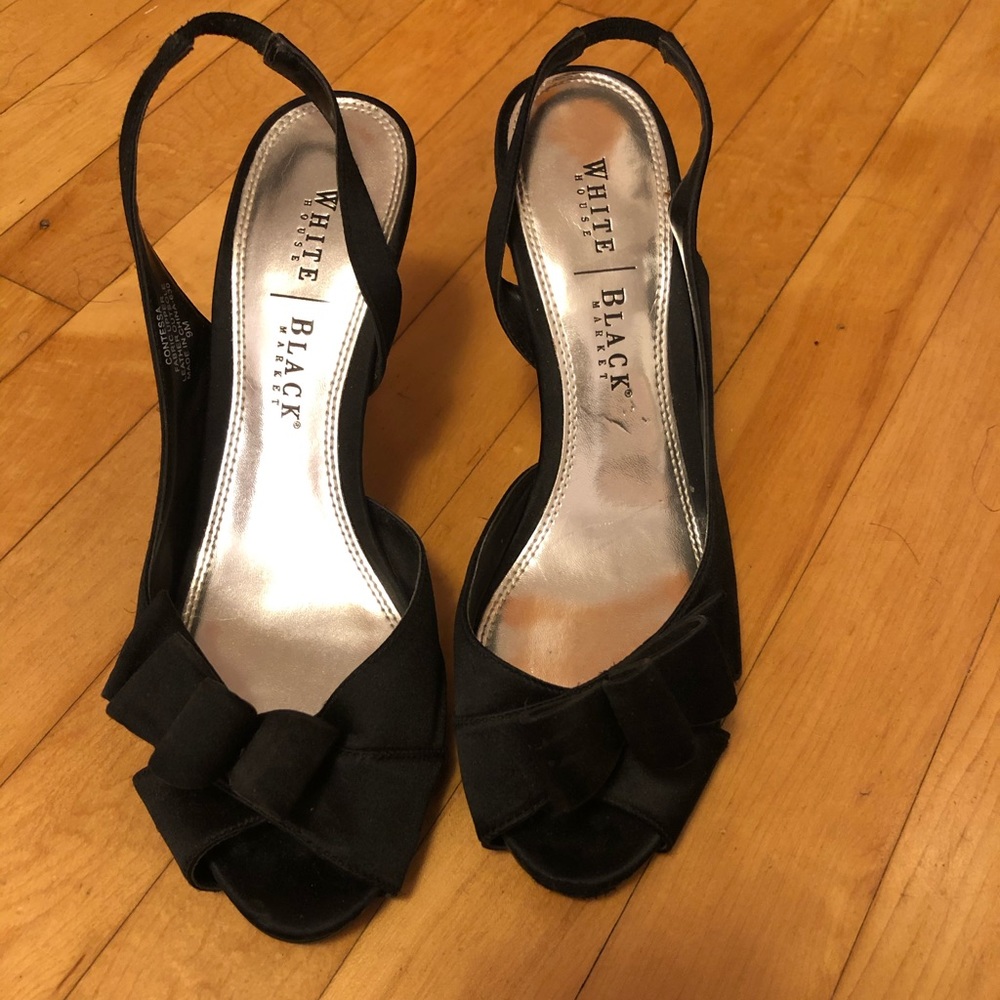 White House Black Market Black Slingback Peep-Toe Heels with Bow